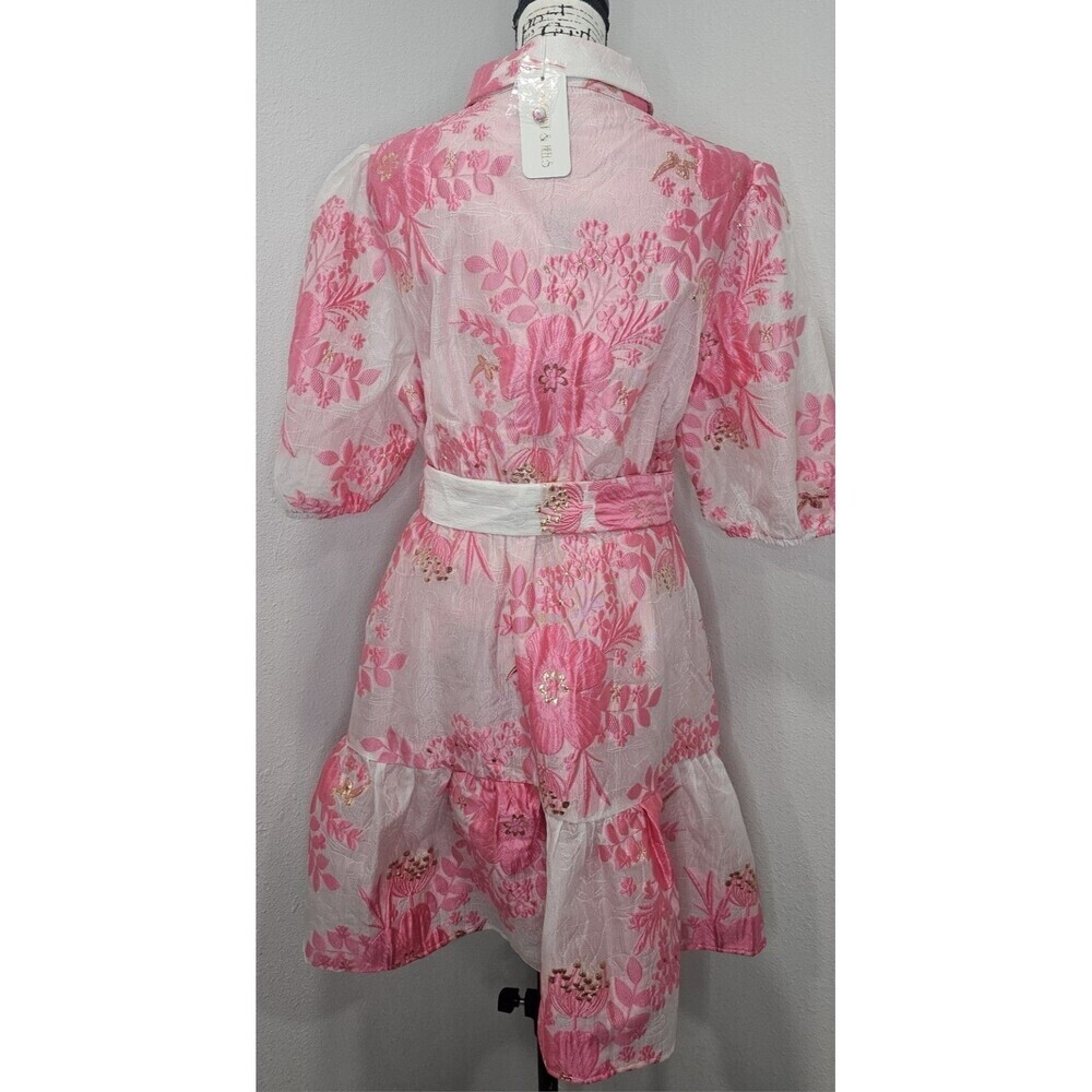 Gingham & Heels Glazer Pink Brocade Embroidered Floral Mini Belt Dress Size 16 - Picture 5 of 16